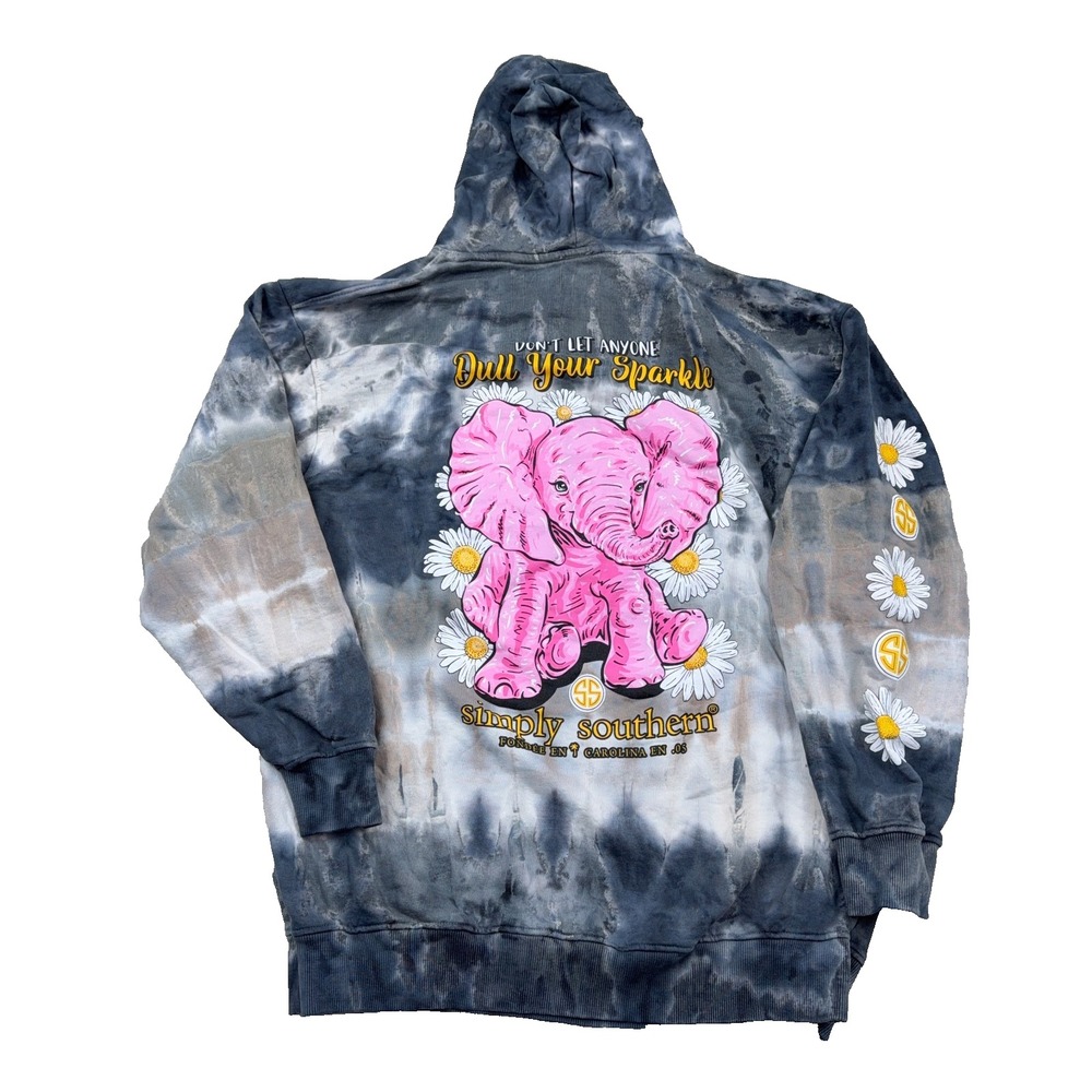 Simply Southern Hoodie Women XXL 2XL Gray Tie Dye Pink Elephant Flowe Sweatshirt